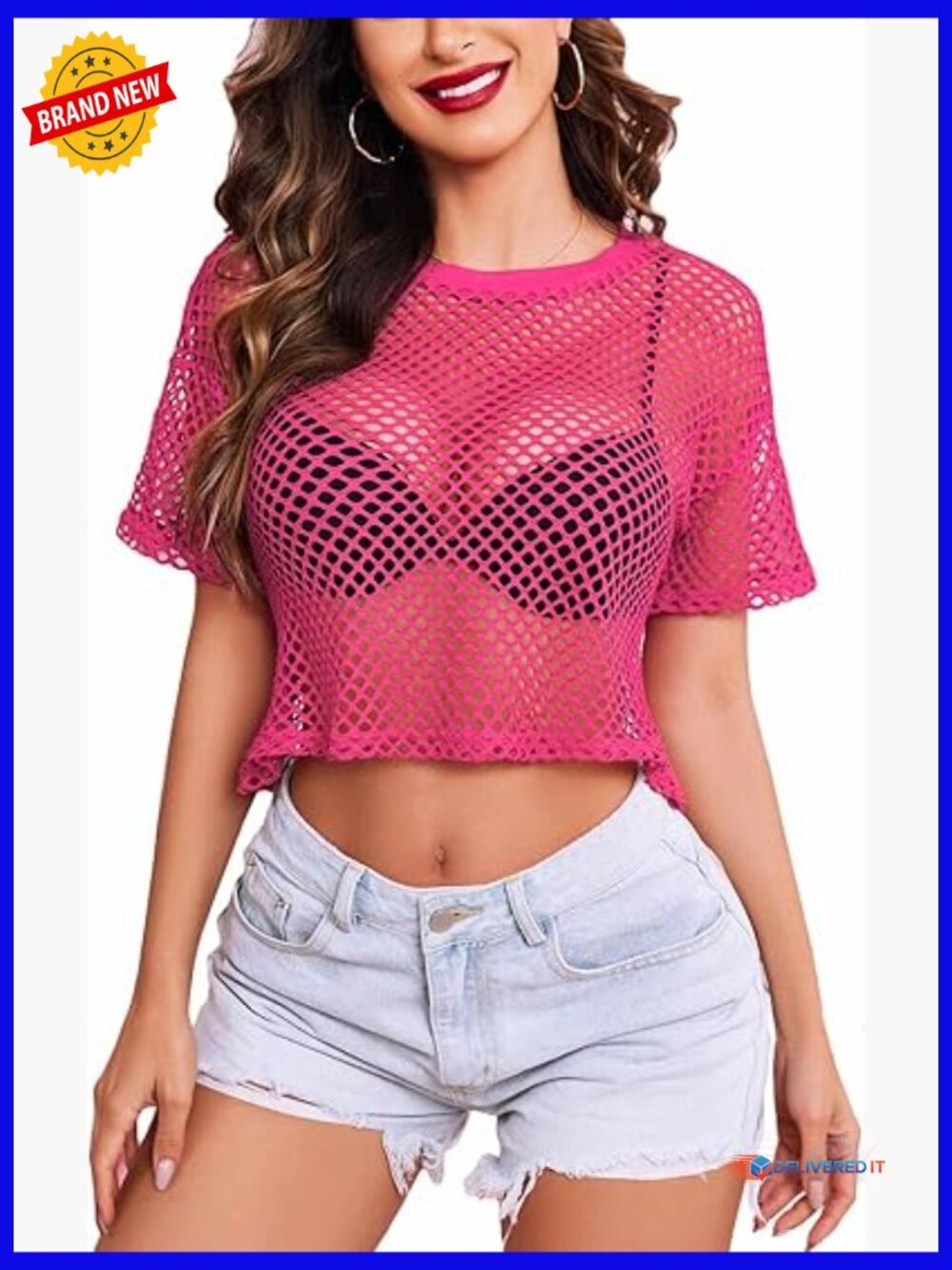 Women's Sheer Fishnet Crop Top Short Sleeve Sexy Mesh Tee